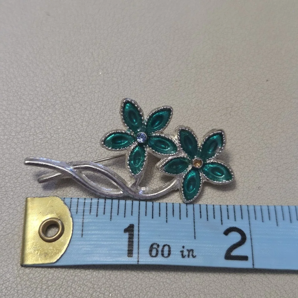Vintage Unsigned Silver Tone & Blue Green Double Flower Brooch Pin AS‎ IS